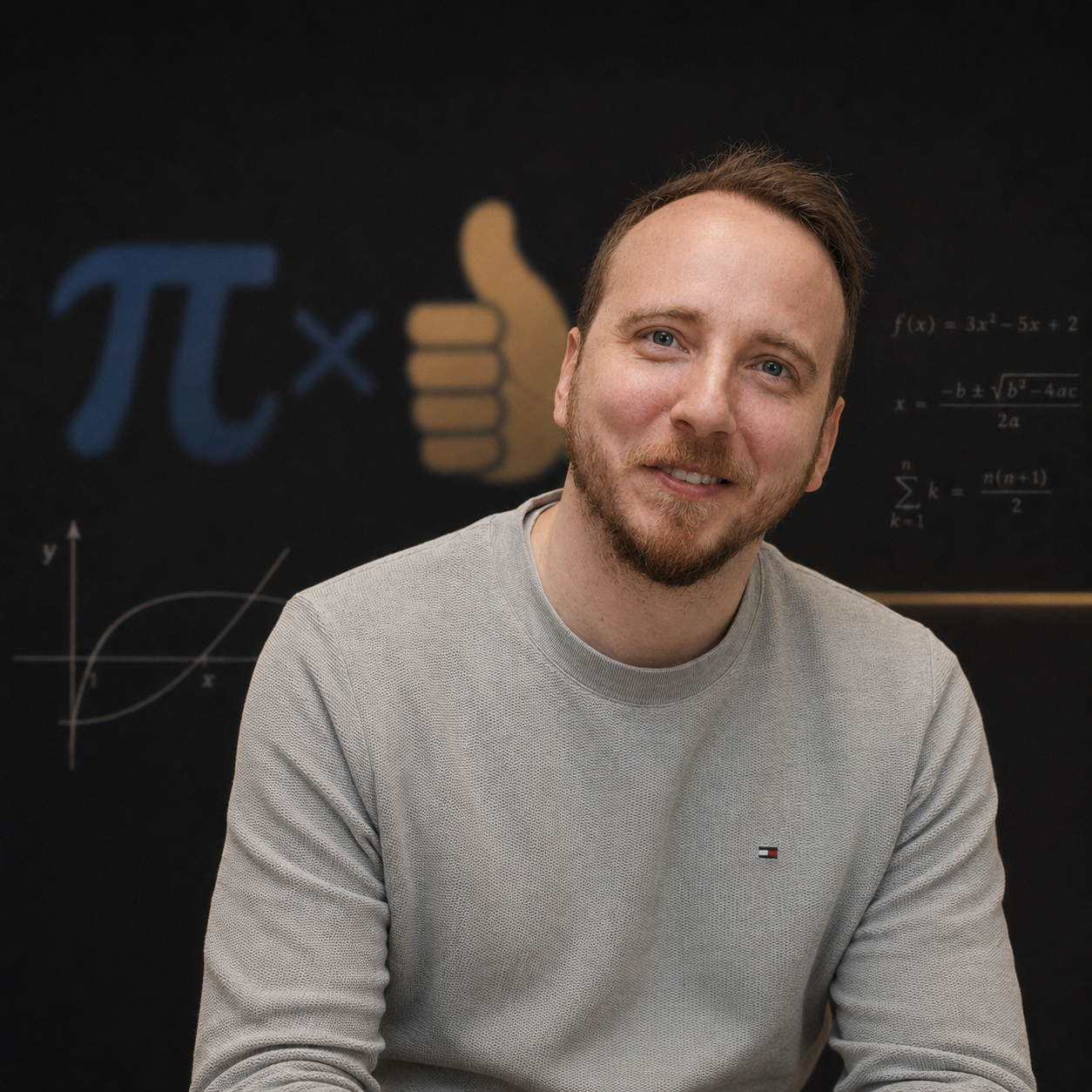Heinz Mayr vor einer Tafel mit dem Pi-Mal-Daumen-Logo und mathematischen Formeln